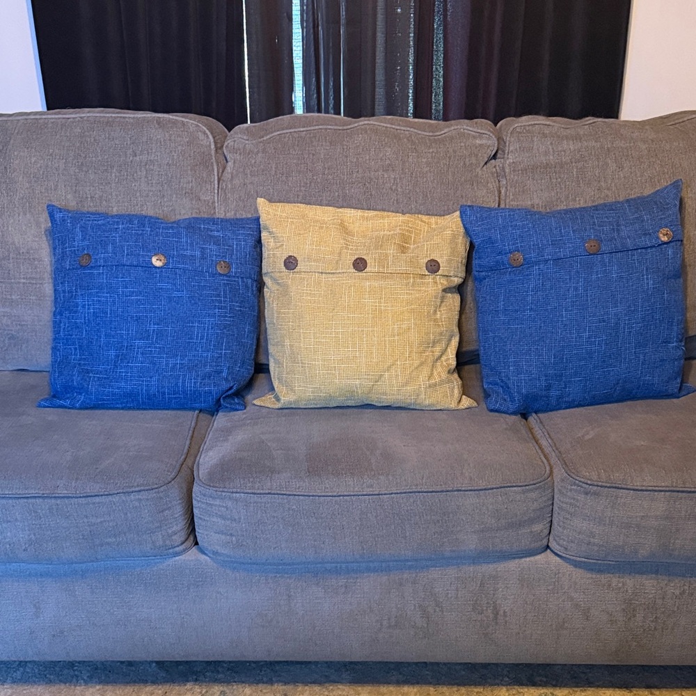 Set of 3 Throw Pillows (2) Blue and (1) Light Brown/Tan with decorative buttons